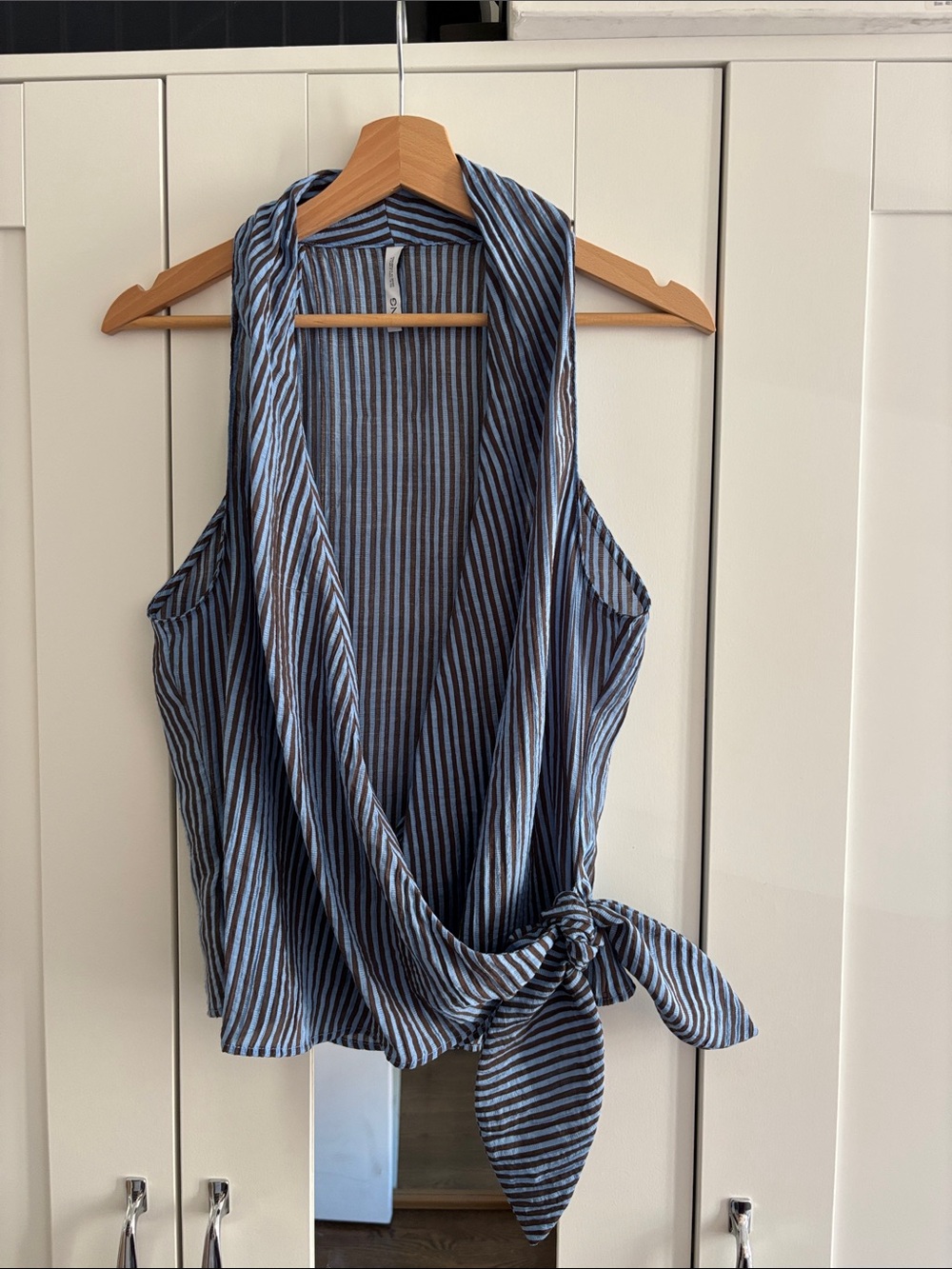 Mango Brown and Light Blue Striped Draped Tie-Waist Camisole